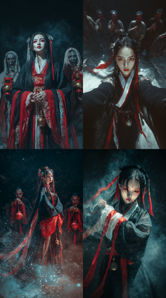 第一人称手持自拍，一个古典修仙女子，银色饰品，黑色法衣，长发飘飘，衣袖上的五彩丝带随风飘扬，腰上挂着小铜铃和小铜镜，神秘的古苗山林，身后站着四位用破布蒙着脸的僵尸，手持铃铛作法，构图平衡，东方神秘主义，港式僵尸风格，hdr写实质感，不台逻辑，珠光，反光，夜，抽象，意识流，，光线、能见度低，人面、艺术感强。电影顾打光，西面有辉光、耀光、要感。融合中式惊悚与梦核元素，强烈的光影对比，后梢服角尽显疯狂，仰镜头,精致的妆容，强烈的对比色碰撞，惊艳，随机背景，柔和侧光渲染雪粒质成，白皙的皮肤，中式，眼部妆容深这神秘，流苏，仙气飘飘，写实，空间交、电影镜头、(真实:1.5)，柔和的色彩，风 景，(鱼服:1.1)，全景航拍， zbnush雕刻级云纹 细节，nvidia, canvas生成音波流体特效的图片