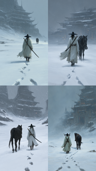 在苍茫的雪地中，一位身着白色长袍身材修长古装、戴黑色斗笠、身披斗篷的青年侠客，背着长剑，牵着一匹墨色骏马，在阴沉的天色下，于雪地上艰难的往前走，背后雪地里留下足迹，微风吹起斗篷摆动，前面隐约有一个残破的宏大古庙，古庙有昏暗的灯光，整体氛围孤寂且充满江湖侠气。意境。图片风格为写真，