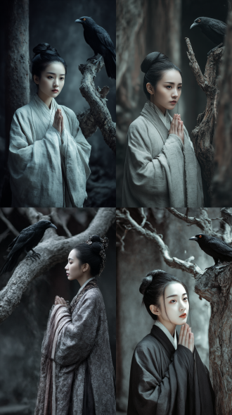 高颜值女子，五官精致，大眼睛，柳叶眉，白净细腻肌肤，盘头，双手合十，穿道士服，破败寺庙里一颗枯死的大树，上面站着一只奇特三眼乌鸦，营造遗憾、清冷、诡秘、虔诚的氛围，远景，侧面照，层次感，留白，电影镜头。