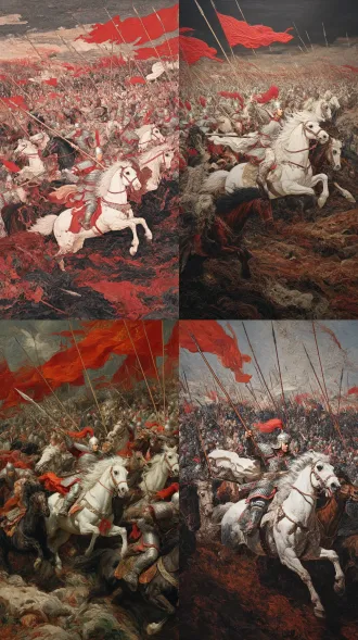 油画风格，中国风汉韵，历史厚重感，长坂坡大战全景俯瞰，赵云骑白马持银枪冲锋，白袍银甲细节精致，曹军骑兵环绕攻击，背景断戟战旗硝烟，赭石玄黑低饱和配色，厚涂肌理笔触，史诗构图。