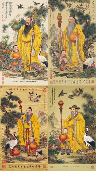 展现传统吉祥题材的场景。画面中，寿星（南极仙翁）身着华丽的黄色长袍，手持寿杖（杖头有葫芦），身旁有一孩童抱着硕大的寿桃，还有仙鹤相伴。背景是松枝、山花与远山，上方有蝙蝠飞舞，下方题有“松鹤长春”，整体营造出喜庆、吉祥且充满长寿寓意的氛围。