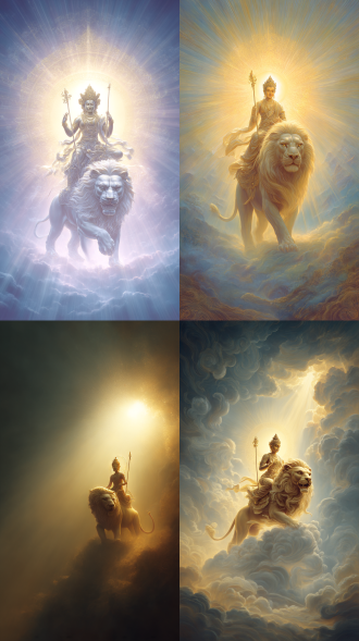 文殊菩萨骑着狮子周身散发着柔和光芒，以轻盈姿态自光中踏光而来，随后又缓缓融入光中，向着无尽的光明而去