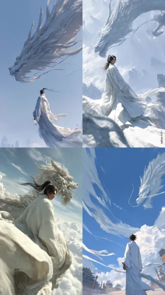 修仙世界高空，轻松氛围，身穿白色长袍的沧桑男修真者，长袍夸张地飘荡，散乱不羁的长发飘扬，俊朗，一只20米长巨大的神龙在高空飞翔，神龙背上站着男修真者，背着手，仰望天空，远处地面隐约可见亭台楼阁，人物与所有景物完美融合，武侠大电影风格，玄幻，古朴，孤独，高清。神龙外形参考图片，身躯自动自由发挥