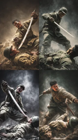 抗日战场上，一个强壮的中国八路军士兵，衣衫褴褛，双手抡起一把大刀，向躺在地上的日本士兵劈去，他表情愤怒，张嘴大吼着，地上的日本士兵露出慌乱恐惧的表情，抱着刺刀去挡，背景是硝烟弥漫的战场，暗调，hdr风格。战争电影写实大片。 低视角向上仰视，大广角，视觉中心是八路军战士，运动模糊