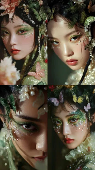 古风美人，眼部彩绘，蝴蝶与花瓣点缀，眼眸如同蕴含着山水间的澄澈波光，周围还饰有珍珠般的亮片，整体传递出东方诗意的眼部美妆，以绿调绘远山流云，点缀松柏，眼眸似含山水波光，配珍珠亮片，充满清新灵动的诗意美感的意境，仿佛能让人感受到那份把自然山水浓缩于眉眼间的精巧与雅致。真实