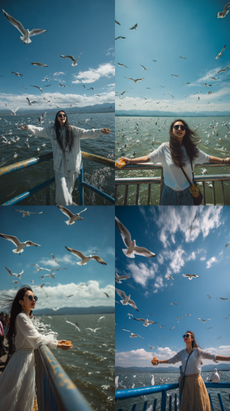 蓝天白云，长发美女站在昆明海硬大坝护栏边，头上戴着墨镜，张开双壁，手中拿着食物。高清拍照，长发飘飘欲仙。远处有海鸥人群；重中突出海鸥手中抢食场景，身旁是波光粼粼、有很多海鸥翱翔的