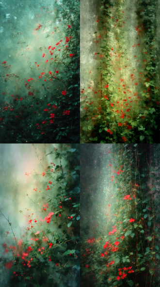 水彩风格，大片朵朵野藤蔓花，小小红色花点缀，弥散朦胧，模糊的颗粒感，低对比，高级绿，梦幻，弥散朦胧的光晕，动态模糊，模糊影像，朦胧美学，超现实主义，高级感，杰作大师构图