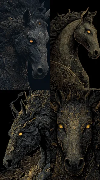 纯黑背景，国风奇幻，中景正构图。战马形态神兽，准确的生物学特征，全身覆盖繁复的古典纹饰与线条肌理，以黑金冷色调线稿呈现。强调高清细节与神秘氛围，原创线稿设计。纯黑背景，生动传神，动态视图，全身特写，野性十足，神性，眼冒金光