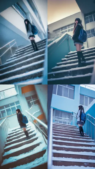 略微仰拍视角，教学楼楼梯，胶片质感，写实逼真，清透，雪之下雪乃coser，清冷美人，超长发，身形纤细，厌食，瘦到极致，面色苍白，四肢纤细，骨瘦如柴，竹竿腿，皮肤白皙，站在楼梯上，背着一个蓝色背包。