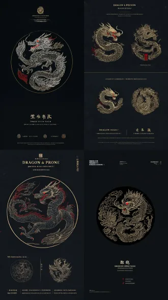 徽章式logo，核心主题“龙凤呈祥”，大师级东方美学，杰出版画艺术。 主体构图：一条古典东方神龙与一只凤凰，以极细的、大师级白描技法勾勒，线条灵动婉转，流畅而富有韵律。龙与凤凰相互缠绕盘旋，姿态优雅和谐，共同构成一个完美、动态且平衡的圆形构图。 精细细节：神龙的身体需精细刻画鳞片纹理与飘逸的胡须；凤凰需突出展开的羽翼与华丽繁复的尾翎线条。整体为复杂的装饰艺术风格，但画面干净利落，无杂乱感。 色彩方案：严格使用黑、金、红三色配色。主体线条为奢华的金色，关键点缀（如龙的眼睛、凤凰的冠）使用鲜明的中国红，背景为深邃的纯黑色。 文字部分：在圆形图案下方，配有婉转飘逸的中文书法“龙凤呈祥”与英文“long feng cheng xiang”。字体具有古典优雅气质，与图案风格完美统一。 整体要求：矢量图形感，大师风范，杰出的平面设计作品，无多余元素，极致的高雅、精致、对称、平衡，最高质量，8k分辨率。 负面提示词（重要）： 丑陋，杂乱，模糊，线条断裂，比例失调，色彩溢出，多余文字，三维感，塑料感，低质量，业余作品，不对称，背景杂乱，白色背景