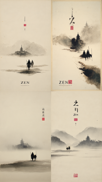 模糊的水彩画，淡赭色颜料，晕染大写意，画面居中构图的轮廓（一个僧人，手持禅杖，牵着一匹马，一前一后），晕染渐变塑造立体轮廓，虚化，艺术作品，极简，大面积留白，顶部下方极远处有一座寺庙，米白色细腻颗粒纹理纸质背景。画面中间有淡墨书法“禅”和红色 空印