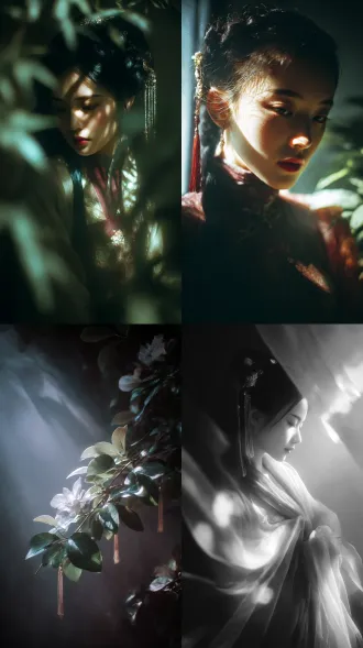 暗朦调，泛朦，胶片摄影，对焦模糊，强侧光，伦勃朗光，强烈明暗对比，高反差， 中式梦核，禅意新中式，透过树叶的光斑，极致光影美学，光斑，中西艺术融合，细腻胶片颗粒感， 服饰材质柔软，飘逸，神性，楚辞神女，流苏发饰，步摇，衣袂飘飘，披帛，头饰，黄金比例的五官，明艳五官 情绪氛围感拉满，慢快门，朦胧美学，层次感，大师视角，高清渲染，脸部清晰，细腻画质，明暗对比，细腻肌理，超高清，最高画质，写实逼真，丰富细节，人像写真，淡彩，水墨质感，半身特写，白皙，细腻，