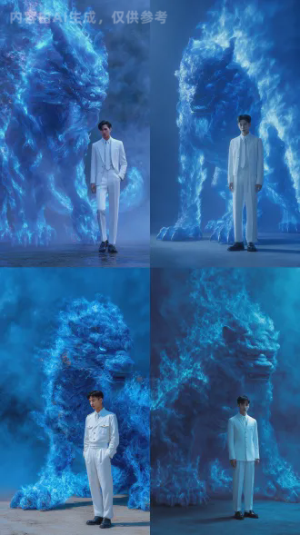 玄武神兽从蓝色的焚天烈焰中爬行来，高清8k，电影质感。全身被蓝色烈火包裹，气势磅礴，巨物，威严，神圣，压迫感为主，背后巨大的蓝色火焰，仰视高清动态壁纸。神兽旁边站着一个身穿白色制服套装，白色衬衣，白色领带，白色西裤，黑色皮鞋的青年帅哥，寸头。