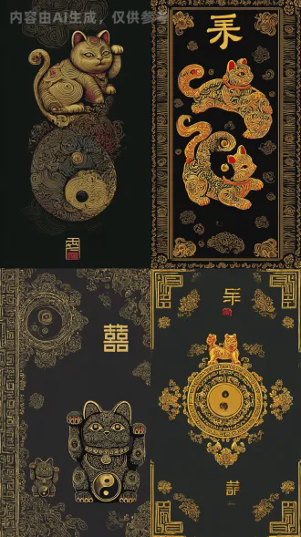 吊饰镀金工艺设计，完整两个小型镀金雕塑彩绘上色招财童子构成一个太极图案，矢量风格，花纹线条组合而成高档设计，层次分明，中国传统纹饰，敦煌配色，线条柔美灵动，中有字“生财”传统美学。高清画质