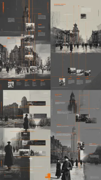 生成一张关于“上海滩街道前期分析"的横向时间轴拼贴风分析图。要求如下：​1. 画面结构：画面中间有一条横向时间轴，上有五个时间节点排列在时间轴上（1850、1900、1950、1999、2020年代），每个时间节点都会有对应时代的建筑照片搭配文字说明；​2. 画面元素：每个时间点有对应的街道建筑图片。图片为老照片质感，整体是黑白灰色调。采用拼贴风格的界面布局。画面的前景需要融入穿着对应时代着装的人物和生活场景；​3. 画面风格：黑白灰基调+橙红色线条/边框点缀，顺着建筑轮廓有橙红色线条进行不规则轮廓描边，横向连续的城市界面拼贴风呈现；​部分建筑远景笼罩上低透明度的橙红色蒙版剪影。 4. 搭配文字：每个时间节点需要搭配文字说明。标题“shanghaitan site analysis"用粗体的橙红色字体；​5. 画面氛围：复古与现代建筑、人物的混搭感，文字与视觉元素串联成连续的城市场景叙事。​​具体要求： 分辨率：8k高清，注重画面细节感 布局：非对称平衡，信息层次清晰 元素：建筑立面图、街景照片、人物活动场景混合使用​字体：复古衬线字体，标题加粗醒目 细节：建筑细节清晰，人物活动自然生动​