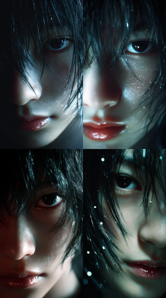 真实照片质感,死神井上织姬特写，发丝凌乱透冷光，反光水润玻璃感晕染唇釉，魅惑凝视镜头，冷艳，清冷，电影级冷暖光对冲，明暗高对比，超精3d肌肤粒子（细腻肌肤/绒毛），柔焦虚化背景，胶片颗粒质感。画面发光特效，焦点锁定眼部折射光斑。