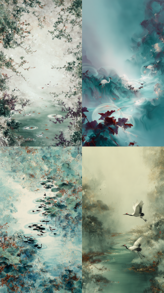 双色光耀斑弥散偏风流状朦胧美幻，流畅如风的笔触，形成的写意风格，隐约点烁，淋漓迷幻，意浮动物的风景，点缀与细腻，刻意之美，生活釆风，极简一暼。大面积留白，三分之一构图，大师笔触，灿烂与耀眼，疏通神络，无语之述，暗美大集，丰物致华，人遇自然奇境。细腻绿色暗影区渐深背景，神秘红棕元素浮印状下流，秘影天来，状态各异，目光如炬，姿态如真，风形晕彩，碧水幽潭浮红紫，秘境人形智超先。高智创意，一团风影吹幽境，两岸鹤鸣竞高声