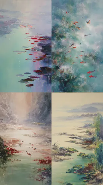 淡彩朦胧美幻，流畅如风的笔触，形成的写意风格，隐约点烁，淋漓迷幻，意浮动物的风景，点缀与细腻，刻意之美，生活釆风，极简一暼。大面积留白，三分之一构图，大师笔触，灿烂与耀眼，疏通神络，无语之述，暗美大集，丰物致华，人遇自然奇境。细腻绿色暗影区渐深背景，神秘红棕元素浮印状下流，秘影天来，状态各异，目光如炬，姿态如真，风形晕彩，碧水幽潭浮红紫，秘境人形智超先。高智创意，横涌江山阔视野，人变风情世林威