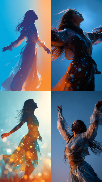 风易来去，格式化背景，蓝白橙叠意浅渐转色，风姿女性，长发扶风，丝丝靓影，抬头仰望，怅然势立，双臂前伸，姿仪各异，整体搭配弥散光驱，时尚创意潮装，令人感想万千，浮意联翩。