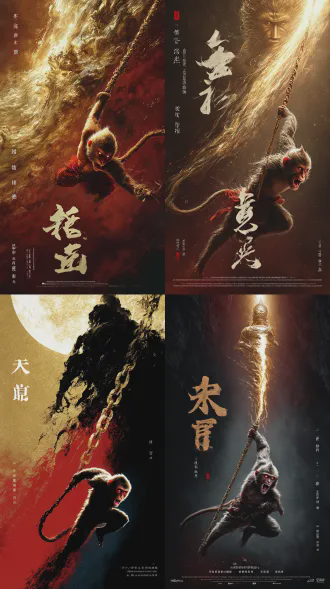 一张极具视觉冲击力的中国电影海报，大师级摄影，借鉴东方写意美学与电影新古典主义的宏大与细腻。构图为动态对峙构图，强调上下力量的悬殊与冲突。画面主体是[孙悟空]身形腾空而起，金箍棒横扫千钧，脸上写满愤怒与不屈，眼神如炬。他身体一部分被一道从天而降的金色锁链状负空间切割，似被无形力量束缚与侵蚀。在他的上方，一道巨大的、抽象化的金色神光以威压姿态倾泻而下，其形态隐约勾勒出某种神祇的轮廓，但又被负空间侵蚀，仅剩威压与压迫感，形成唯一的主导视觉隐喻。光影效果极致，运用高对比度的逆光和强烈的聚光，强化冲突与戏剧性。色彩策略性运用深红、暗金与青黑色调，营造紧张对立氛围。电影级高分辨率、超现实细节、顶级影视海报美术平面设计艺术感。中文主导标题“悟空”以锐利如刀锋的金属质感字体，从画面中央的裂痕中冲出，笔画仿佛被冲击力扭曲，非主导英文标题“wukong”则以严谨庄重的字体，镶嵌于金色神光的边缘，与画面形成对立统一。