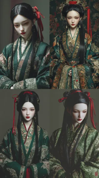 御姐美女纯欲，极致精致立体的五官，冷白皮，美颜效果，傲人身材，深绿色战国袍带有复杂繁琐的暗纹，端庄大气，古典考究，长发，发尾系着红丝带，精致的皮肤