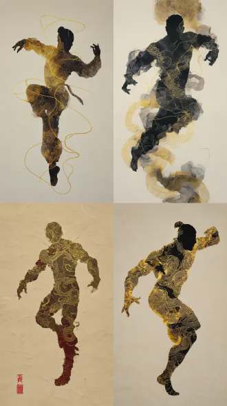 整体是一个现代舞男士身体的一个剪映充满了动感和模糊和不确定在金色剪影当中出现中国的水墨太极线条，古代的纹样龙的花纹绕动在人的身体之上，金色的线穿插其中有错裂感，人物的剪影剪影身体有肌肉感和力量是摄影作品