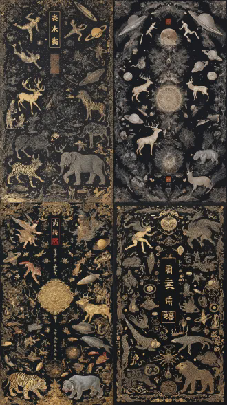 黑底金银描。画面整体结构是左右对称结构，但是左右两侧的人物生物各不不同。双腿腾空飞踢舞姿异想天开的雌性雄性诡异聚合生物全身群像的装饰画。精密、复杂、丰富、异想天开的装饰线条细密流畅，花样繁多，装饰性极强，融合赫哲族少数民族 女萨满 马鹿 熊 鲟鱼飞禽 虎 熊猫 大象 微缩版中国空间站 卫星 巡天望远镜 男采药人 中国民俗与中国科技装饰艺术，神秘华丽魅惑惊艳夸张和谐祥和，黑白高对比突出主体。左右两侧的所有人物生物的样貌和装饰的样式，都不相同。画面中心靠上标题篆体字小字“中国