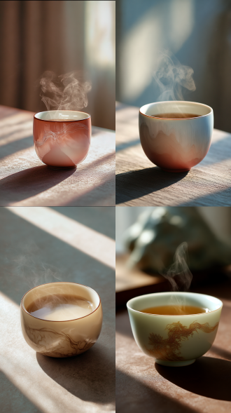 一个画线，抽象极简茶色纯色艺术线条与汝瓷影青釉里红材质茶杯，茶杯呈现羊脂玉风格，茶杯造型纤细，整个杯身为薄胎，富有艺术感优雅感美感，茶杯里有茶冒着热气，后面透光过来使得茶杯略显通透，茶杯里面非常模糊朦胧的莲花显影若隐若现，茶杯抽象极简茶色艺术线条以釉下彩工艺拓印在茶杯表面并呈渐变色，创意艺术抽象线条场景，震撼的艺术视觉，光影艺术，细腻肌理，线条画，野性美，极简主义，线条设计叠加多个不规则弧形色块，抽象，自然，纹理，装饰，画画，海报