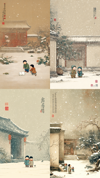 制作一组节气“大雪”的图片，宋代美学风格，画面采用工笔花鸟技法，有两个古代孩童身穿冬衣在雪地嬉闹，有象征性院落，天空飘雪，画面意境悠远，适当留白。