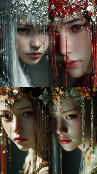 风格与渲染 （超写实3d渲染：1.8） （照片级真实感：1.8），（电影级面光：1.6），（光线追踪：1.4），（全局光照：1.3），（景深：1.5），（冷白皮漫感质感的肤感：1.2），（电影级发丝高光：1.2），（人物有最好的骨相：1.1）， 一个古风美女戴头饰，笔触，线条清晰，明暗对比，超高清，垂坠感，高级感，最高画质，超长发，邪魅，极致妖孽的容貌，长睫毛，精美繁复华丽装饰，精美配饰，绝美眼睛，细节五官。丰富细节，朦胧感，面部阴影，面部聚焦，丰富的细节，发丝柔顺拂面，高质量，写实逼真，亮晶晶，细腻肌理，bjd，看向镜头。前景：市集饰品架， 画质与输出 （8k分辨率：1.2），（极致细节：1.4），（补充画面细节：1.6），（色彩高级化：1.5），（构图多元，角度多变：1.8），（综合网络爆款逻辑输出最优画面：1.5）。