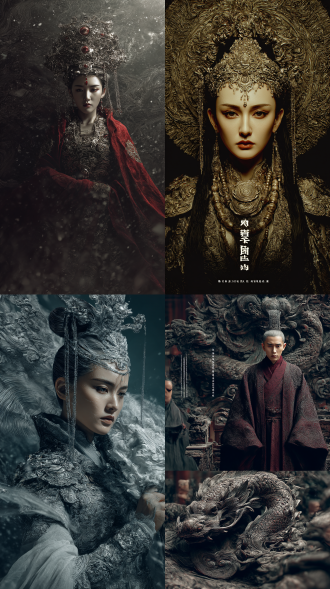 大师级电影质感影视效果海报摄影风格作品，写实风格，精致长相，极致诱惑，高级感，电影感，故事感，线条疏密结合，构筑立体感，层层叠叠，极繁主义，西王母，东方玄幻，神秘感，华丽炫酷的花纹和质感、暗黑色调，色彩饱满，影视级高清，整个画面散发出一种美轮美奂的诡异气质，惊艳迷人,魅惑妖艳，美艳狂野，极致的细节刻画，特写，极简背景，立体纹理，奢华、恢弘、大气，超高清画质，真实引擎渲染，大面积留白，写实风格，真人出镜。