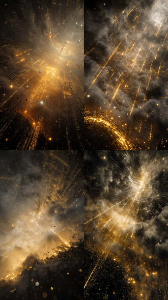 超现实玄幻仙侠，酸性美学，低角度对角倾斜仰视过肩镜头，画面底部角落幻化一道道巨大且虚幻的黑金岩浆光环，四处飘动各种黑金粒子和无数条印有经文的金色透明光带，黑金能量束穿透黑暗能量层，曜变釉面反射多重曝光光斑。混沌交织的虚空中云雾笼罩且金光闪耀，金色粒子汇聚成金色半透明的法阵漩涡，漩涡四周边界融化于云层中，数以万计的外形似剑的金光和金色经文极速下落，cg渲染，全身，巨大比例，c4d，blender，虚幻引擎，octane渲染器，全局光照，光线追踪反射，屏幕空间环境光遮蔽，着色器，快速近似抗锯齿，计算机生成图像，rtx，视觉特效，4k 分辨率，最佳画质，极致细节，超写实，暗黑风格，昏暗，梦幻，史诗，压迫感，能见度极低，大量阴影和留白，极具视觉冲击的压迫感的构图，低饱和度，低亮度，巨物恐惧，故事感，高级感，动态感