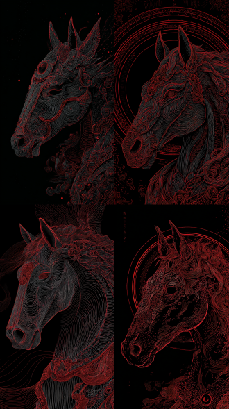 神兽（生肖马、线条繁复）头像，纯黑背景，国风奇幻流派，线稿插画风格，黑红冷色调，中景正构图，细节繁复（线条肌理、神兽纹饰），高清质感，氛围国风神秘，原创国风线稿设计
