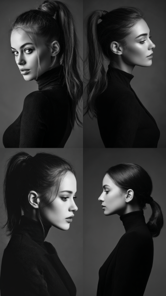 美人，左马尾发型，大师级摄影写真作品。高清，黑白光影，高级，高贵，典雅，秀丽，完美，俏皮，深灰色背景，黑色衣服，杰作，中景，真人高精度渲染，细节丰富细腻真实，8k高清画质。专业人像摄影，光影，艺术人像，短发，高级感模特，精致五官，灰色背景，光影艺术，精致人像，个性视角，唯美光影高级感，朦胧感，情感表达，独特视角，卓越画质，丰富层次，个性化风格。
