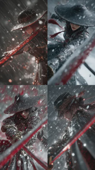 暴雨中头戴金属宽沿斗笠的3d动漫人物不良帅，佩戴红纹诡异面具和深色长袍，挥舞对称红纹黑铁巨剑劈砍，水花飞溅颗粒悬浮。美学描述：冷冽金属光泽与暗红纹路交织，全局动态光影渲染，仰拍慢镜头展现衣袍褶皱动态，近距离8k特写展现场景细节。专业描述：次表面散射技术呈现材质孔隙，物理引擎计算布料金属交互，aces色彩空间控制雨幕层次，高精度建模雕刻铠甲纹路，影视级分镜构图。凸显人物以超高清呈现的精致美感，超广镜头远镜头