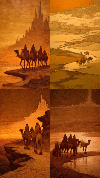 一条古老的丝绸之路在夕阳下蜿蜒，以富兰克林·布斯标志性的钢笔技法与温暖的沙漠棕色系呈现，画面通过赭石、棕褐与鎏金层次的线条堆积出强烈的肌理感，商旅与骆驼的轮廓被柔和的侧光勾勒，沐浴在暖调的光晕之中。背景是深邃的沙漠与映照着霞光的奇异架构，每一处细节的质感都锐利而充满张力，展现出国际美术大赛金奖级别的精湛技法，在32k高清特写下焕发着史诗般的视觉温度