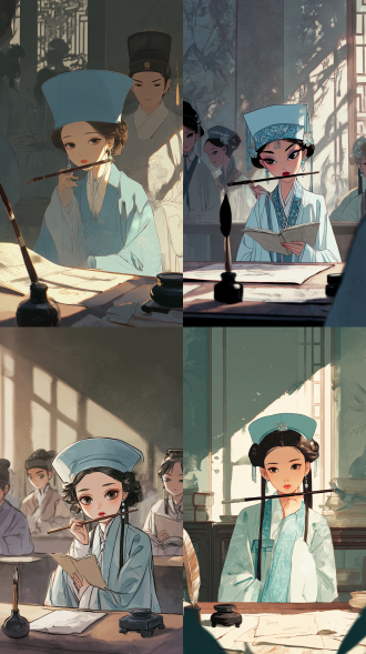 古装影视剧风格。前景是一张书桌，上面放着笔墨纸砚。后面是一个东方美女，柳叶眉，丹凤眼，眼影，腮红，眉目清秀，五官轮廓精的美人，肌肤纹理细腻，戴青灰色书生方巾，身穿青灰色宋朝圆领衫，曲线玲珑，拿着书本，噘嘴，鼻子上横夹着一支毛笔。课堂，光影斑驳。