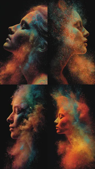 在黑色背景下，粉末幻化成女人形象，呈现出色彩斑斓的爆炸效果，鲜艳的红橙黄绿蓝色彩交织在一起，飞扬的彩色粉末颗粒如璀璨星辰，形成绚丽的色彩云雾