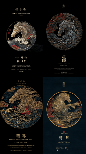 徽章式logo，核心主题“马年大运”，大师级东方美学，杰出版画艺术。 主体构图：形容书法自然流畅，毫无滞涩感，如天空流云、山间流水。以极细的、大师级白描技法勾勒，线条灵动婉转，流畅而富有韵律。行云流水相互缠绕盘旋，姿态优雅和谐，共同构成一个完美、动态且平衡的圆形构图。 精细细节：整体为复杂的装饰艺术风格，但画面干净利落，无杂乱感。 色彩方案：严格使用黑、金、红三色配色。主体线条为奢华的金色，关键点缀，使用鲜明的中国红，背景为深邃的纯黑色。 文字部分：在圆形图案下方，配有婉转飘逸的中文书法“马年大运”与英文“luck in horse year”。字体具有古典优雅气质，与图案风格完美统一。 整体要求：矢量图形感，大师风范，杰出的平面设计作品，无多余元素，极致的高雅、精致、对称、平衡，最高质量，8k分辨率。 负面提示词（重要）： 丑陋，杂乱，模糊，线条断裂，比例失调，色彩溢出，多余文字，三维感，塑料感，低质量，业余作品，不对称，背景杂乱，白色背景，起伏流动的透明玻璃质感形象，呈荧光绿，紫色、橙黄色高透明渐变色，具备磨砂玻璃反射质感。信息带上集成了各类ui图标。背景为蓝白色渐变背景，光感柔和。画面整体具有未来感、科技感和数字金融氛围，适用于智能生活、数据流、信息可视化等主题。c4d渲染风格，画面充满呼吸感，具有感染力。蓝光超高清画质，超高清细节，光影柔和，32k分辨率。