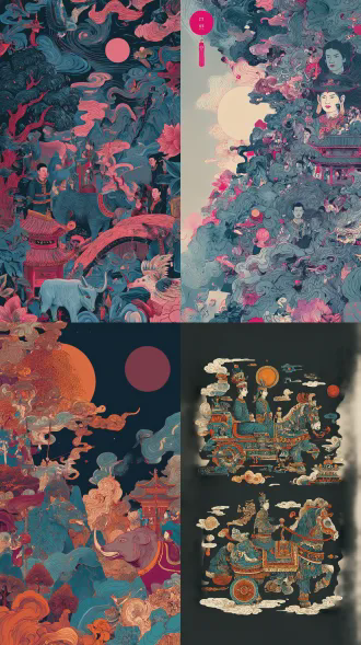 这些极繁主义的矢量图展现出独特的艺术魅力，它们以复杂的设计风格传达出丰富的情感。通过复杂的线条、形状和复古色彩，，勾勒出中国陆浑戎族历史神话故事场景与现代风相融合，体现出一种现代、时尚的美感