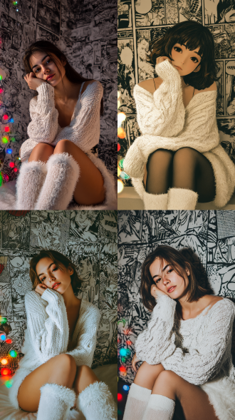 画面采用低角度仰拍的构图方式，人物占据画面主体，背景是贴满黑白漫画风拼贴画的墙面，形成视觉对比；左下角有彩色光斑点缀，增添了画面的活泼感。少女以单手托腮、双臂交叉的姿势倚靠而坐，头部微侧看向镜头，姿态慵懒又随性。 服饰质感与纹理： 1. 上身穿着的白色针织毛衣，纹理清晰可见，粗针织的纹路形成凹凸的肌理感，毛线的绒感柔和，袖口处还能看到银线编织的细节，增添了精致度，整体呈现出松软、温暖的针织质感。 2. 腿上搭着的白色毛绒织物，绒毛长且蓬松，呈现出毛茸茸的立体纹理，触感应是柔软亲肤的，与毛衣的针织纹理形成材质上的反差。 3. 下身的黑白色块布料，是平滑的打底裤面料质感。画面底部的白色块状区域则是棉袜的哑光纹理，袜身边缘线条分明，材质的哑光质感与毛绒、针织的肌理形成层次。 白色针织衫突出细坑条的针织纹理与面料的弹性柔软感，黑色紧身打底裤体现哑光弹力的顺滑质感，紧密贴合腿部线条。棉质纹理细腻，袜身有轻微的褶皱，贴合脚部曲线，质感柔软。