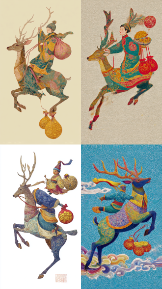 国风，身披彩色锦缎带飞越的九色鹿，身上驮着一个年画娃娃模样的孩童和两袋金币。