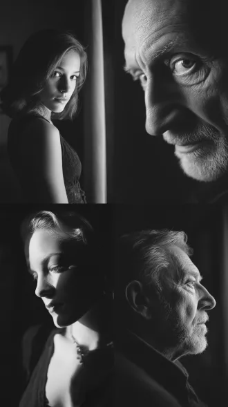 kodak t-max 100 100 黑白负片 极致细腻的颗粒、超高锐度与解析度 ，人像摄影，光影表现出色，大光圈镜头，曝光精准，暗调伦勃朗光，美人迟暮，留白。