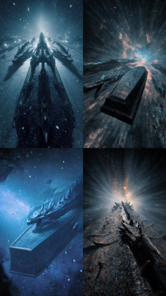 冰冷与黑暗并存的宇宙深处，九具庞大的龙尸拉着一口无比巨大青铜古棺，亘古长存。这是在太空枯寂的宇宙中捕捉到的一幅极其震撼的画面。九龙拉棺，究竟是回到了上古，仿佛要将面前的一切都摧毁，画面采用仰视视角，以冷色调为主，增强画面的冲击力。动态模糊强化携带速度线残影，超广角强透视构图，动态模糊边缘虚化，强烈胶片颗粒与高噪点质感，弥散晕染的暗部层次，张力十足，压迫感，细节生动完美。 电影级构图，视觉冲击，64k画质，超清，极致细节，极致刻画，清晰的线条，高对比。超广角强透视构图，动态模糊边缘虚化，绝美作品。