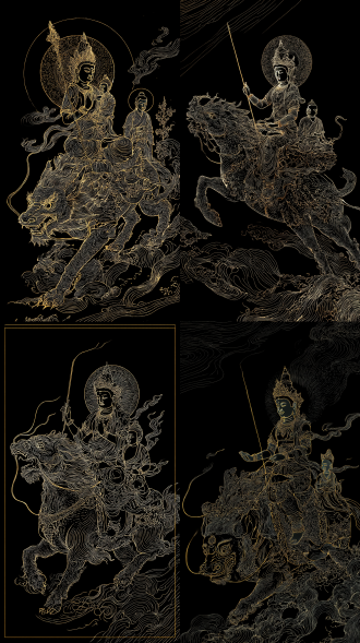 文殊菩萨骑着神兽（貔貅、线条繁复），送子观音，跟随着印度仆人，纯黑背景，国风奇幻流派，线稿插画风格，黑金冷色调，中景正构图，细节繁复（线条肌理、神兽纹饰），高清质感，氛围国风神秘，原创国风线稿设计。