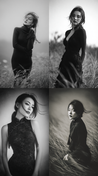 70mmimax胶片摄影佳作，1.8大光圈镜头，版画风格渲染，比例震撼远景，灰黑色背景，电影氛围感，一个似曾相识的女人，情绪氛围感，线条清晰，明暗对比，超高清，高级感空气透视层次，清透，逼真渲染，水墨渲染，丰富细节，视线焦点凝聚，魅惑，朦胧感，丰富的细节，眼神充满故事感，针织紧身旗袍，宽大镂空流苏披肩，长头发，发丝凌乱，发丝飘动方向暗示风速，高质量，逼真渲染，神情悠闲，细腻肌理，伦勃朗光。 塔可夫斯基风格摄影， 亚裔美女，身材曼妙，秋天 长裙 目光 眼神 迷茫 情绪 忧伤 轻雾 高纬度草地，金黄色草甸 ，倒伏的草地暗示风的方向，干燥 金色 暖调的夕阳， 不对称构图 边沿模糊， 全身 黑白淡彩 明暗变化 暗光，多重曝光，失焦，超广角，强透视，穿透摄影镜头，丁达尔效应 浅景深，高噪点，强烈的胶片颗粒感，弥散晕染，朦胧美学，新浪潮电影风格 超现实，细节生动完美，杰作​