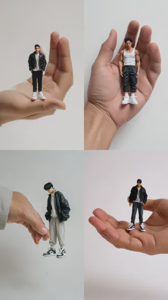 我现在要生成一张照片，在一个白色背景中图片黑色头发男子被做成了挂件，挂件人物黑色头发，白色运动鞋，人物看起来像蜡像，挂件挂在一只巨大的手上