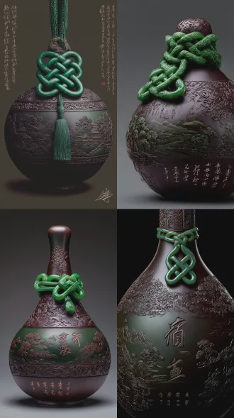 视觉探索：背景墨绿色，一枚表面精致细腻、光滑紫檀精美葫芦，拴着绿色翡翠中国结，葫芦表面烫画与雕刻镶嵌漂亮的山水画，有鲍鱼壳漂亮的碎片镶嵌图案画面周围大面积精致画面底部无衬线体小字英语中国连笔签名国际获奖作品，高品质画面输出！