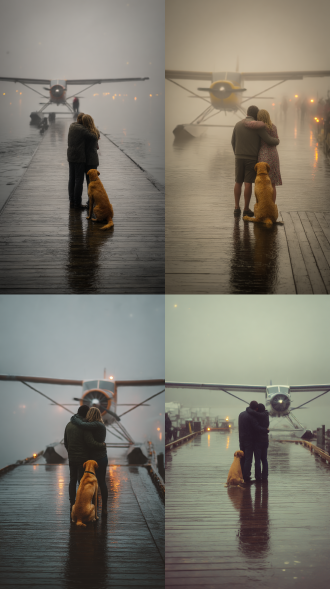 情感叙事和电影质感的人文纪实摄影作品，gerg walliams大师亲调的黑白效果，采用徕卡q3相机与summilux 28mm f/1.7镜头的独特光学特性。瞬间捕捉感，安静的故事性。具有摄影艺术质感，而非数码渲染感。整体色彩柔和、克制，强化人物与自然、城市的情感连接，打造视觉故事。轻微暗角效应，焦点锐利区域与焦外虚化过渡自然。加入轻微且细腻的胶片颗粒感，模拟胶片摄影的质感。 聚焦潮湿的木质码头栈道，一对男女紧紧相拥站在栈道中央，身旁安静蹲坐着一只棕黄色的狗狗；背景是一架带浮筒的螺旋桨水上飞机，机身和浮筒的轮廓在朦胧的雾气里若隐若现。地面因潮湿泛着水光，远处有微弱的暖黄色灯光点缀，整体环境笼罩在雾蒙蒙的阴雨氛围中，既透着远行/离别（或重逢）的情绪，又带着一种静谧又厚重的氛围 徕卡德味leica chrome滤镜直出，徕卡鲜艳模式，低饱和度的暗调复古色系，主色调以深橄榄绿+灰褐+暗棕为主，偏向冷调但不刺骨；少量暖黄（狗狗的毛色、远处的灯光、飞机的金属细节）作为点缀，与冷调形成柔和对比。色调统一且压抑，胶片质感强烈，营造出沉郁又带着温情的情绪氛围