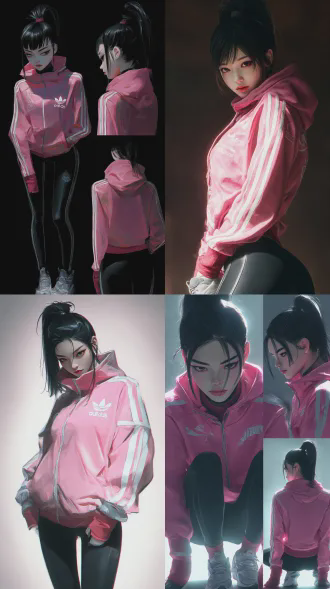 一位扎着高马尾、发丝乌黑亮丽且柔顺有光泽的年轻迷人女性，眼尾上挑的低垂眼神，表情清冷疏离又慵懒，身穿粉色带白色条纹和品牌标志、深红色收口袖口的运动连帽外套，搭配黑色紧身贴合腿部的运动裤与白色带灰色细节的运动鞋，画面呈现角色的侧面（手插口袋、臀部线条突出）、正面与背面三种视角以展示造型和服饰细节，整体色彩以粉、黑、白为主并辅以红色点缀，用超高分辨率与电影级光影呈现极致清晰、真实材质与细腻肤质，并以大师级构图、顶级色彩分级和情绪氛围打造高级感的写实人像或艺术摄影作品。hdr写实质感，紧迫感，不合逻辑，抽象，意识流，梦核，艺术感强。画面融合梦核元素，梦核美学，失真效果，从错误中寻找创意，对现有系统的颠覆与重塑，强烈的光影对比，仰镜头,强烈的对比色碰撞，惊艳绝伦。